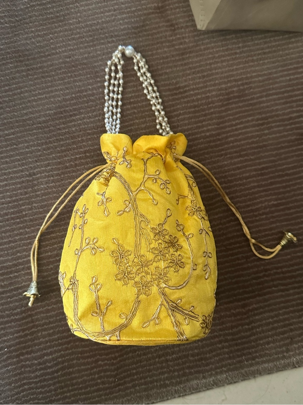Yellow Indian Embroidered Drawstring Bag with Beaded Handle